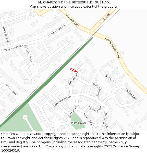 14, CHARLTON DRIVE, PETERSFIELD, GU31 4QL: Location map and indicative extent of plot