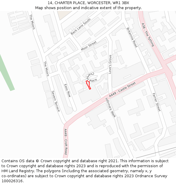 14, CHARTER PLACE, WORCESTER, WR1 3BX: Location map and indicative extent of plot