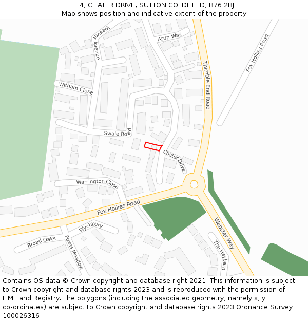 14, CHATER DRIVE, SUTTON COLDFIELD, B76 2BJ: Location map and indicative extent of plot