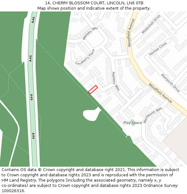 14, CHERRY BLOSSOM COURT, LINCOLN, LN6 0TB: Location map and indicative extent of plot