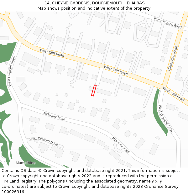 14, CHEYNE GARDENS, BOURNEMOUTH, BH4 8AS: Location map and indicative extent of plot