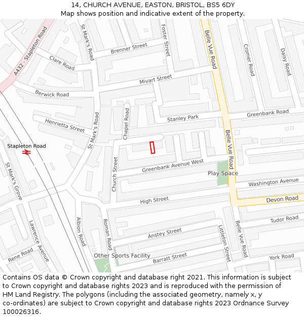 14, CHURCH AVENUE, EASTON, BRISTOL, BS5 6DY: Location map and indicative extent of plot