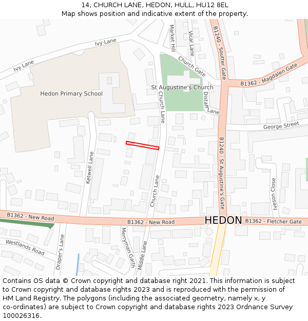 14, CHURCH LANE, HEDON, HULL, HU12 8EL: Location map and indicative extent of plot