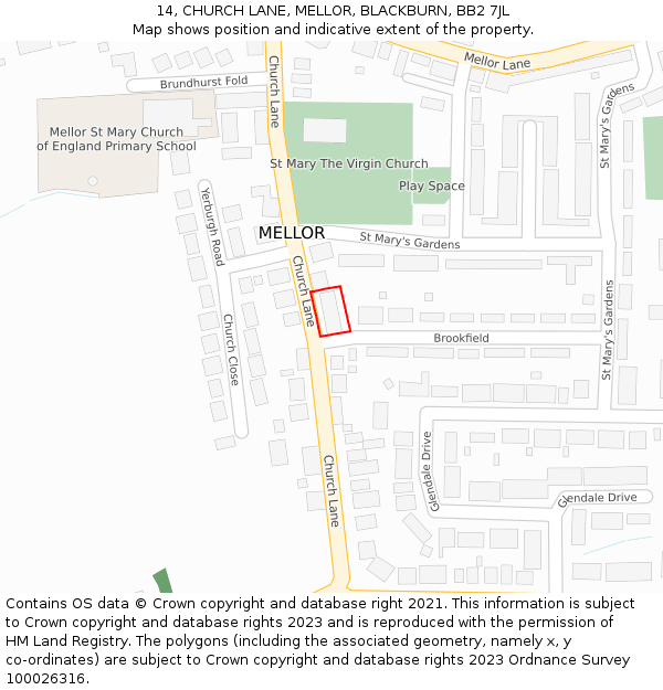 14, CHURCH LANE, MELLOR, BLACKBURN, BB2 7JL: Location map and indicative extent of plot