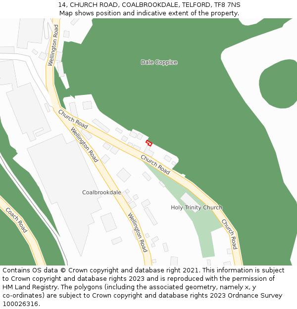 14, CHURCH ROAD, COALBROOKDALE, TELFORD, TF8 7NS: Location map and indicative extent of plot