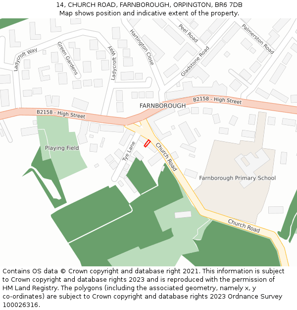 14, CHURCH ROAD, FARNBOROUGH, ORPINGTON, BR6 7DB: Location map and indicative extent of plot