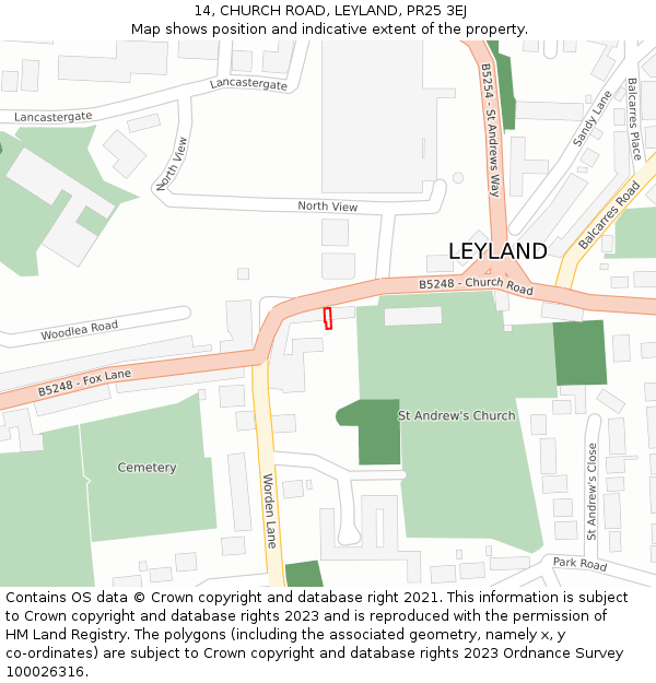 14, CHURCH ROAD, LEYLAND, PR25 3EJ: Location map and indicative extent of plot