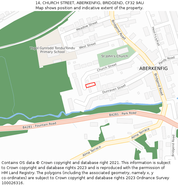 14, CHURCH STREET, ABERKENFIG, BRIDGEND, CF32 9AU: Location map and indicative extent of plot