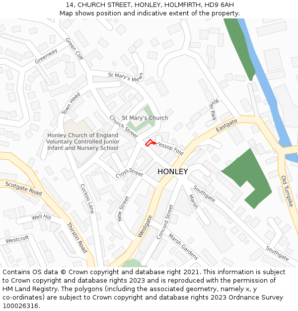 14, CHURCH STREET, HONLEY, HOLMFIRTH, HD9 6AH: Location map and indicative extent of plot