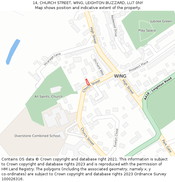 14, CHURCH STREET, WING, LEIGHTON BUZZARD, LU7 0NY: Location map and indicative extent of plot