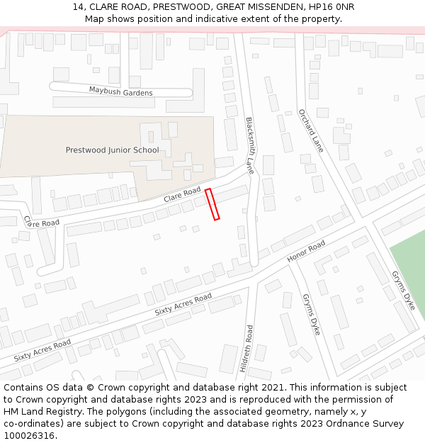 14, CLARE ROAD, PRESTWOOD, GREAT MISSENDEN, HP16 0NR: Location map and indicative extent of plot