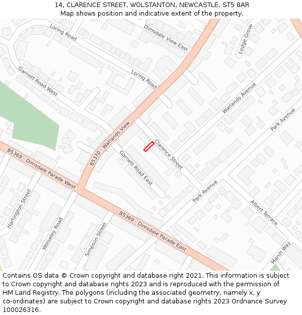 14, CLARENCE STREET, WOLSTANTON, NEWCASTLE, ST5 8AR: Location map and indicative extent of plot