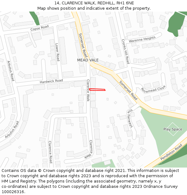 14, CLARENCE WALK, REDHILL, RH1 6NE: Location map and indicative extent of plot