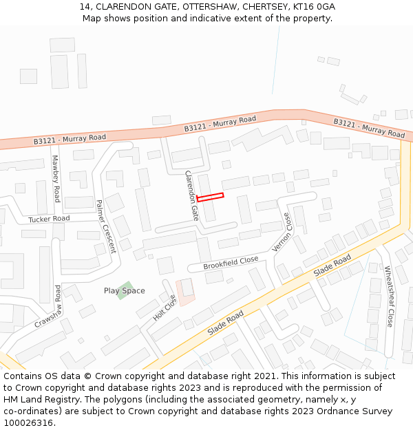 14, CLARENDON GATE, OTTERSHAW, CHERTSEY, KT16 0GA: Location map and indicative extent of plot