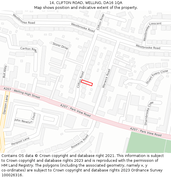 14, CLIFTON ROAD, WELLING, DA16 1QA: Location map and indicative extent of plot
