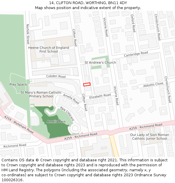 14, CLIFTON ROAD, WORTHING, BN11 4DY: Location map and indicative extent of plot