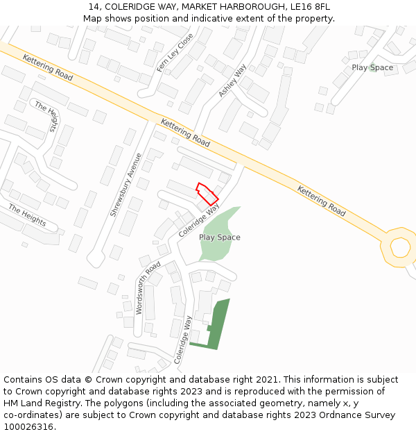 14, COLERIDGE WAY, MARKET HARBOROUGH, LE16 8FL: Location map and indicative extent of plot