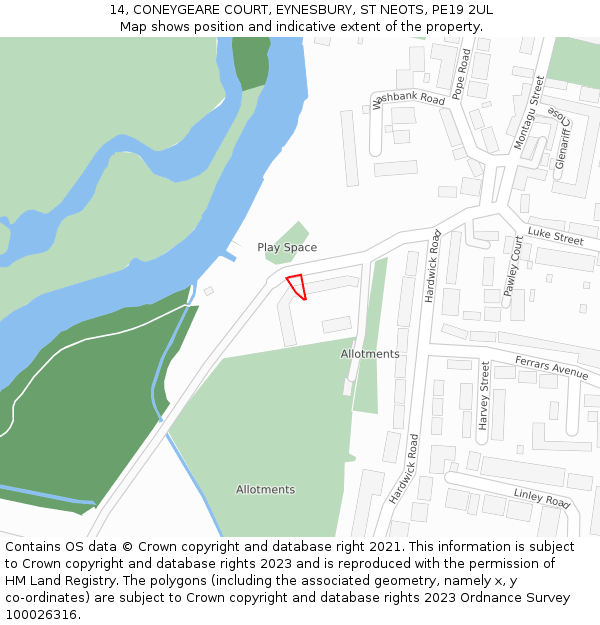 14, CONEYGEARE COURT, EYNESBURY, ST NEOTS, PE19 2UL: Location map and indicative extent of plot