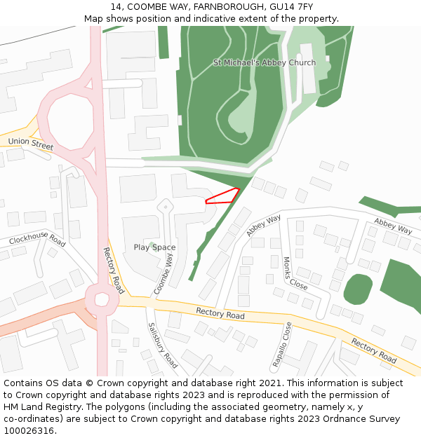 14, COOMBE WAY, FARNBOROUGH, GU14 7FY: Location map and indicative extent of plot