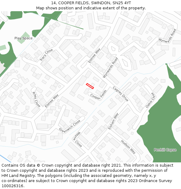 14, COOPER FIELDS, SWINDON, SN25 4YT: Location map and indicative extent of plot