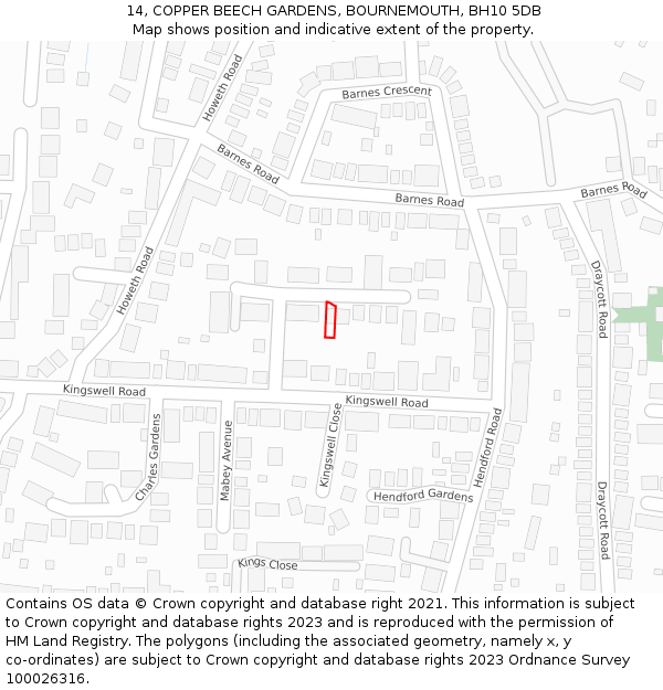 14, COPPER BEECH GARDENS, BOURNEMOUTH, BH10 5DB: Location map and indicative extent of plot