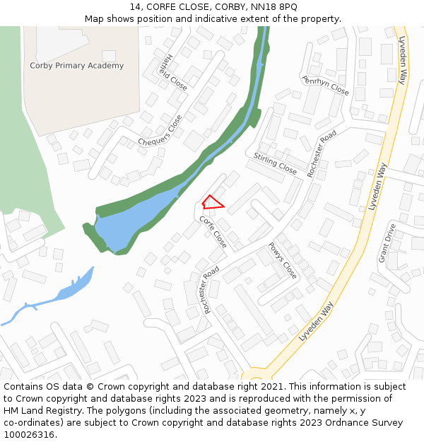 14, CORFE CLOSE, CORBY, NN18 8PQ: Location map and indicative extent of plot