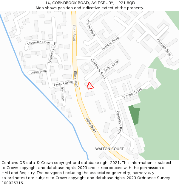 14, CORNBROOK ROAD, AYLESBURY, HP21 8QD: Location map and indicative extent of plot