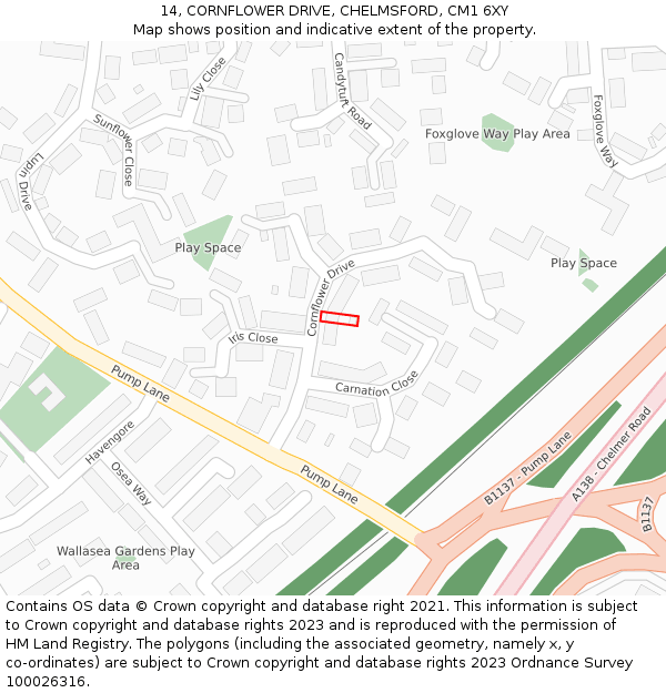 14, CORNFLOWER DRIVE, CHELMSFORD, CM1 6XY: Location map and indicative extent of plot