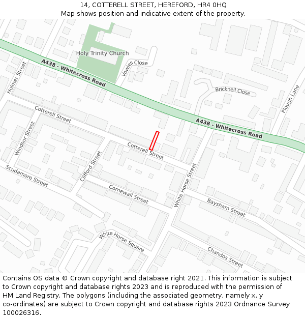 14, COTTERELL STREET, HEREFORD, HR4 0HQ: Location map and indicative extent of plot