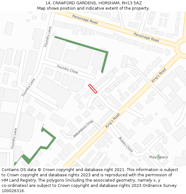 14, CRAWFORD GARDENS, HORSHAM, RH13 5AZ: Location map and indicative extent of plot