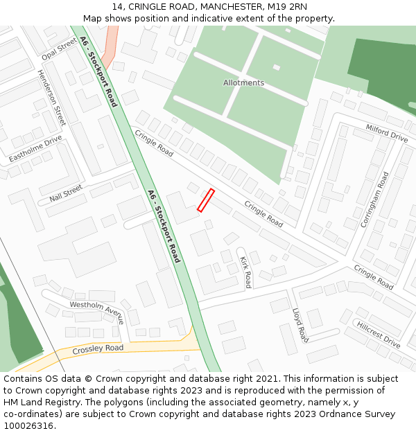 14, CRINGLE ROAD, MANCHESTER, M19 2RN: Location map and indicative extent of plot