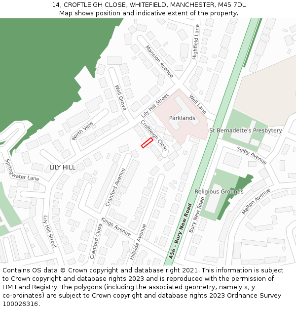 14, CROFTLEIGH CLOSE, WHITEFIELD, MANCHESTER, M45 7DL: Location map and indicative extent of plot