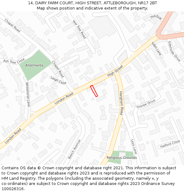 14, DAIRY FARM COURT, HIGH STREET, ATTLEBOROUGH, NR17 2BT: Location map and indicative extent of plot