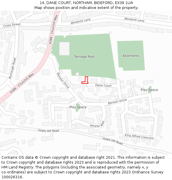 14, DANE COURT, NORTHAM, BIDEFORD, EX39 1UA: Location map and indicative extent of plot