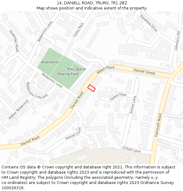 14, DANIELL ROAD, TRURO, TR1 2BZ: Location map and indicative extent of plot