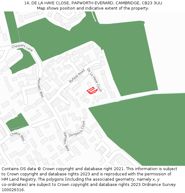14, DE LA HAYE CLOSE, PAPWORTH EVERARD, CAMBRIDGE, CB23 3UU: Location map and indicative extent of plot