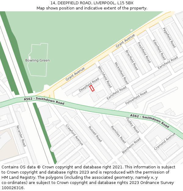14, DEEPFIELD ROAD, LIVERPOOL, L15 5BX: Location map and indicative extent of plot