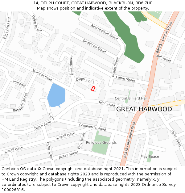 14, DELPH COURT, GREAT HARWOOD, BLACKBURN, BB6 7HE: Location map and indicative extent of plot