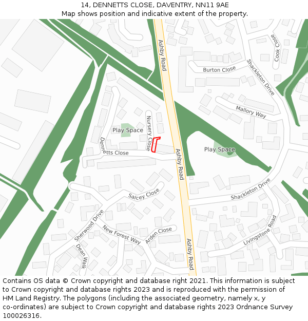 14, DENNETTS CLOSE, DAVENTRY, NN11 9AE: Location map and indicative extent of plot