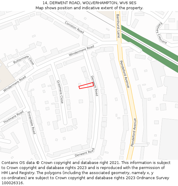 14, DERWENT ROAD, WOLVERHAMPTON, WV6 9ES: Location map and indicative extent of plot