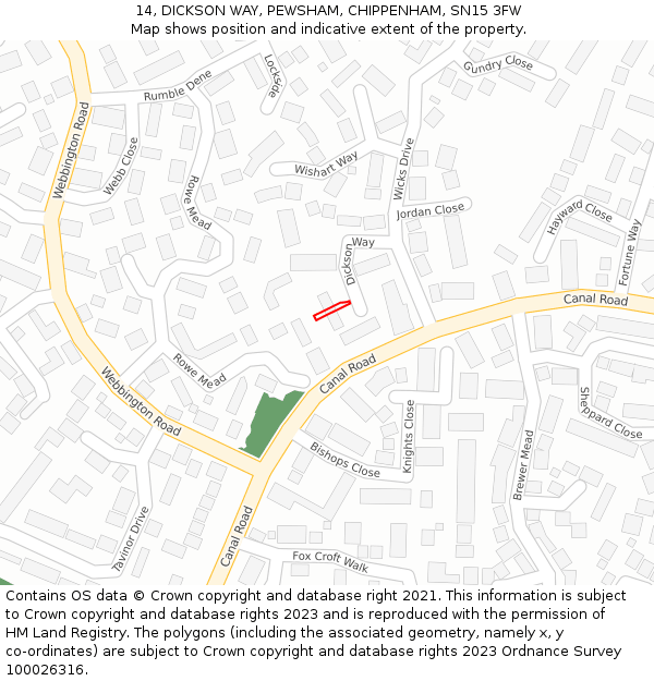 14, DICKSON WAY, PEWSHAM, CHIPPENHAM, SN15 3FW: Location map and indicative extent of plot