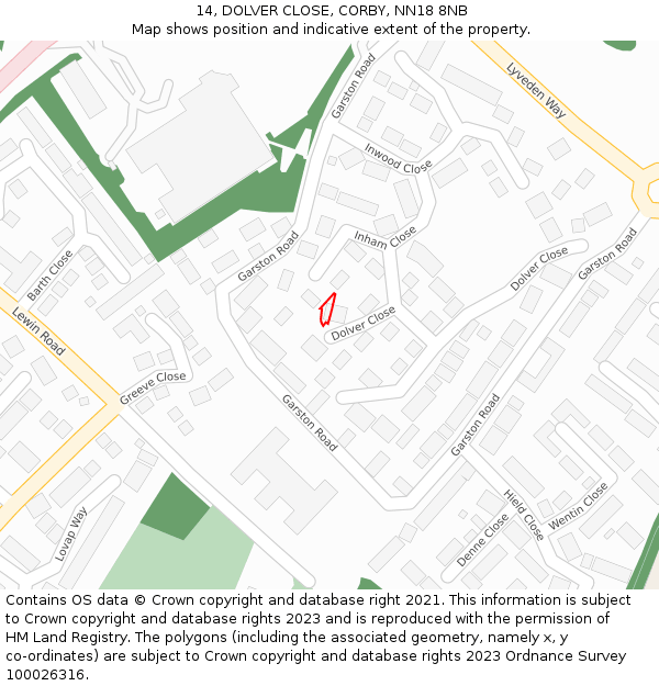 14, DOLVER CLOSE, CORBY, NN18 8NB: Location map and indicative extent of plot