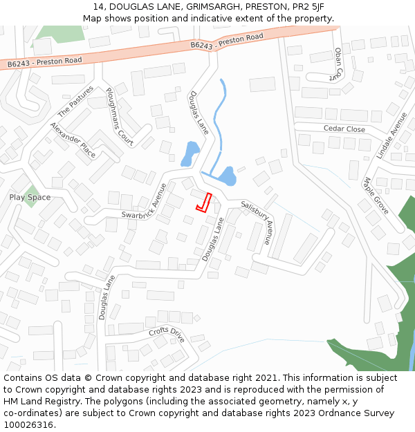 14, DOUGLAS LANE, GRIMSARGH, PRESTON, PR2 5JF: Location map and indicative extent of plot