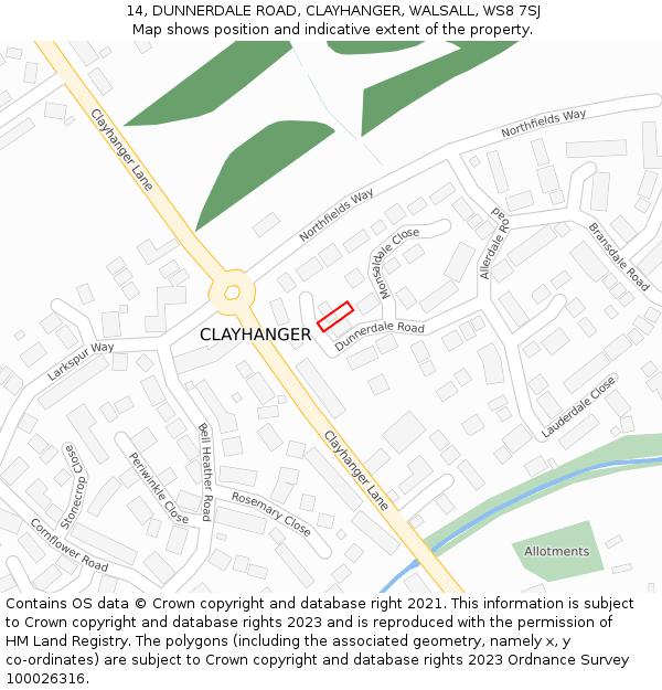 14, DUNNERDALE ROAD, CLAYHANGER, WALSALL, WS8 7SJ: Location map and indicative extent of plot