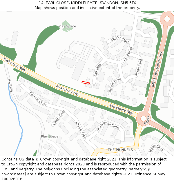14, EARL CLOSE, MIDDLELEAZE, SWINDON, SN5 5TX: Location map and indicative extent of plot