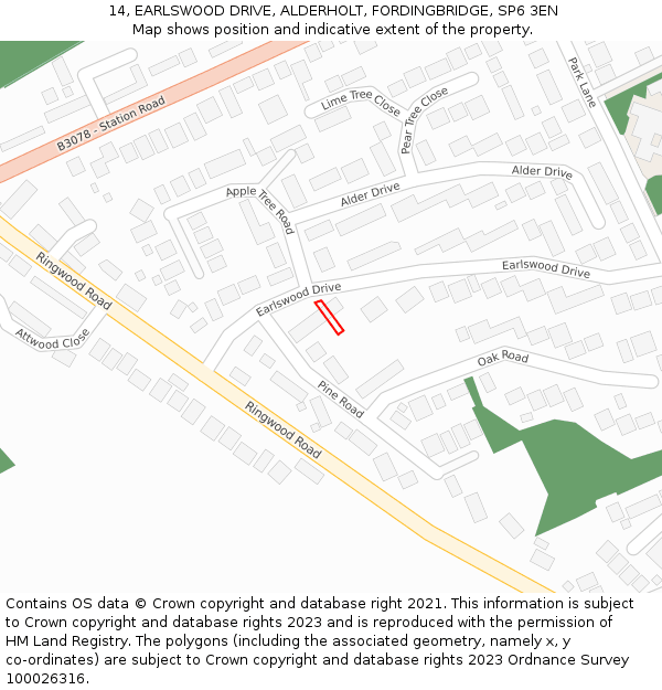 14, EARLSWOOD DRIVE, ALDERHOLT, FORDINGBRIDGE, SP6 3EN: Location map and indicative extent of plot