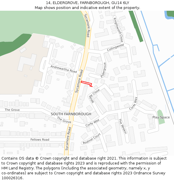 14, ELDERGROVE, FARNBOROUGH, GU14 6LY: Location map and indicative extent of plot