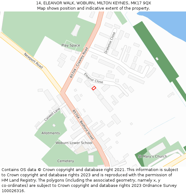 14, ELEANOR WALK, WOBURN, MILTON KEYNES, MK17 9QX: Location map and indicative extent of plot