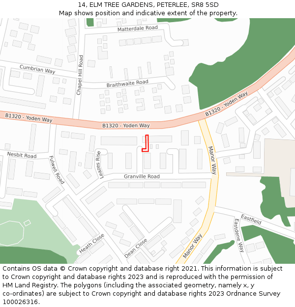 14, ELM TREE GARDENS, PETERLEE, SR8 5SD: Location map and indicative extent of plot