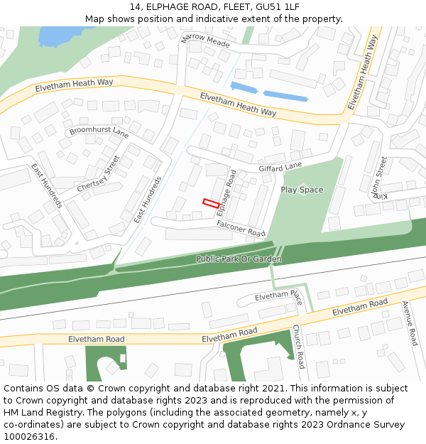 14, ELPHAGE ROAD, FLEET, GU51 1LF: Location map and indicative extent of plot